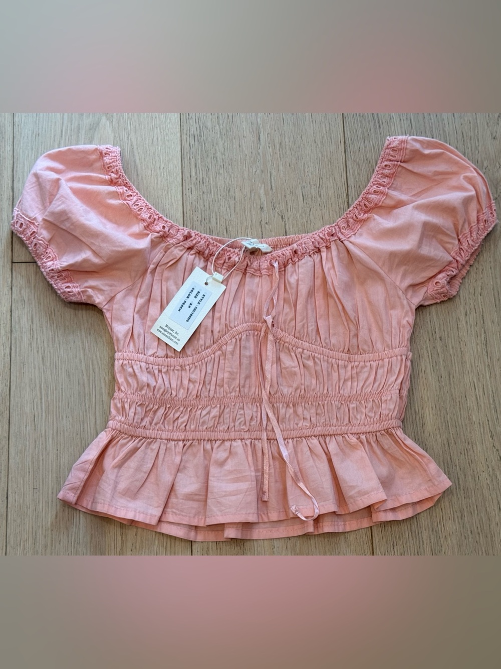 Sim & Sam Peach Ruched Puff Sleeve Peplum Top NWT S Euro Summer Vacation Boho